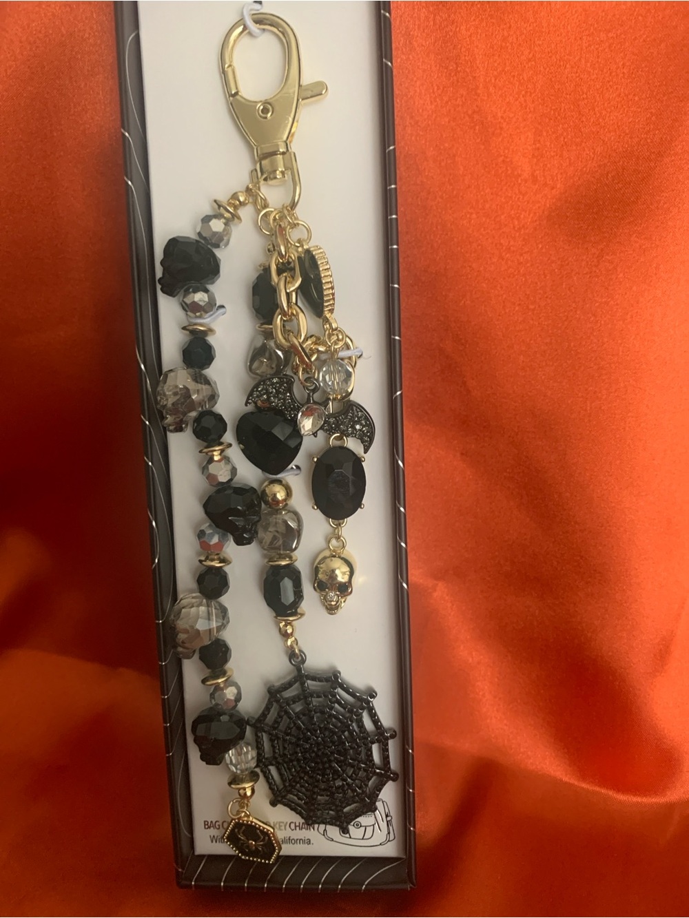 eye candy Gold-Tone Black & Clear Bead Spiderweb Bag Charm
